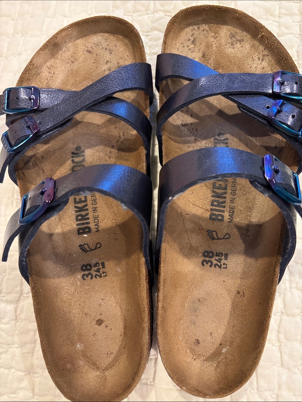 Birkenstock Triple-Strap Sandals in Iridescent Blue-Purple